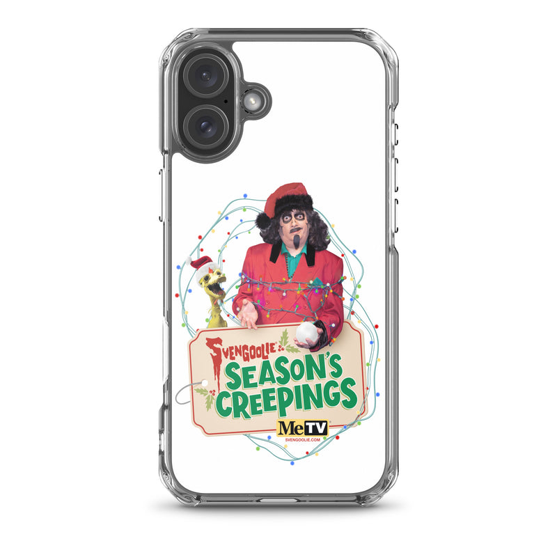 Back of the clear Svengoolie Season's Creepings case on an iPhone, with the design centered on white and camera cutouts at the top left.