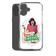 Angled view of the clear Svengoolie Christmas case on a dark iPhone, showing the raised lip around the camera cutout and clear edges.