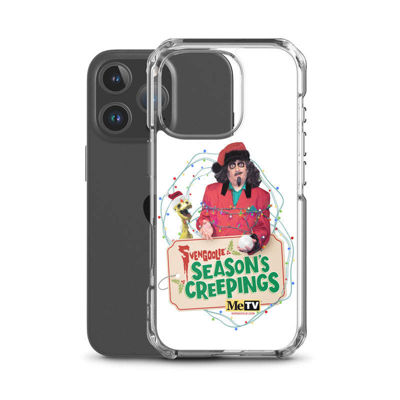 Angled view of the clear Svengoolie Christmas case on a dark phone, showing the raised camera lip and clear side bumpers.