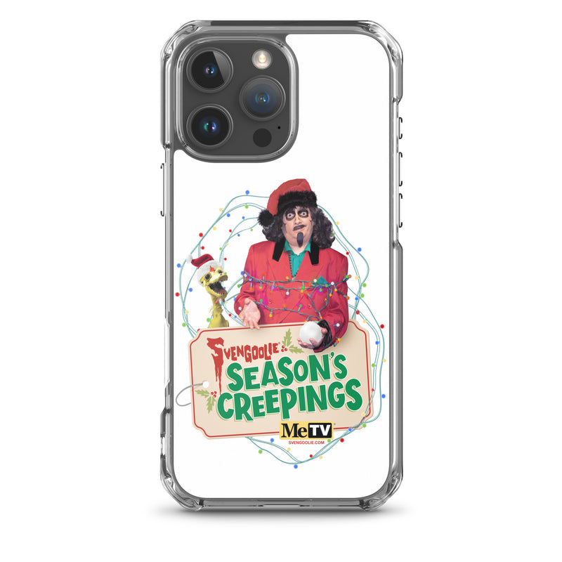 Back of the clear Svengoolie Season's Creepings case on a phone with three rear cameras, showing the design centered on white.