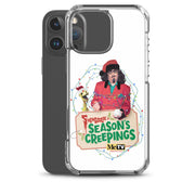 Angled view of the clear Svengoolie Christmas case on a dark phone, showing the raised camera lip and clear bumper edges.