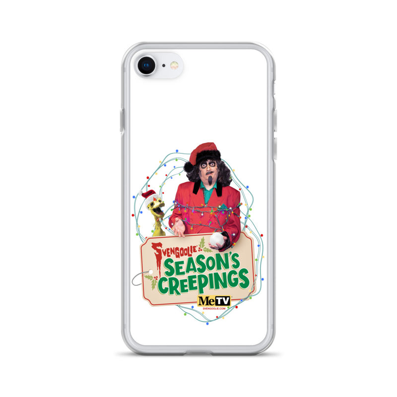 Back of the clear case on a smaller iPhone model, showing the same Sventa Claus and Kerwyn design with the Season's Creepings sign.