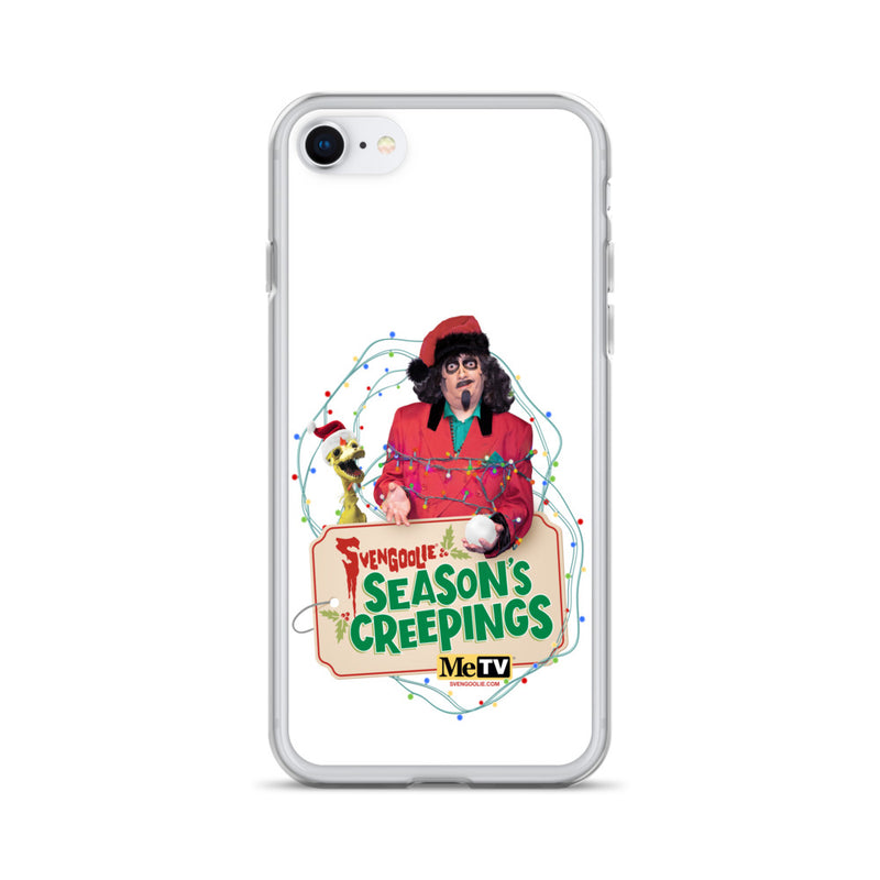 Back of the clear case on a smaller iPhone model, showing the same Sventa Claus and Kerwyn design with the Season's Creepings sign.