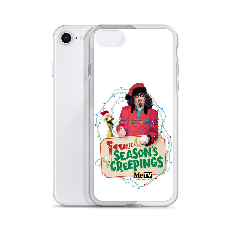 Side view of the case beside a white iPhone, showing the raised clear edges around the printed white back.