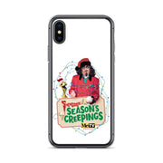 Back of the clear case on an iPhone X-style model, showing the Sventa Claus and Kerwyn design filling the back panel.