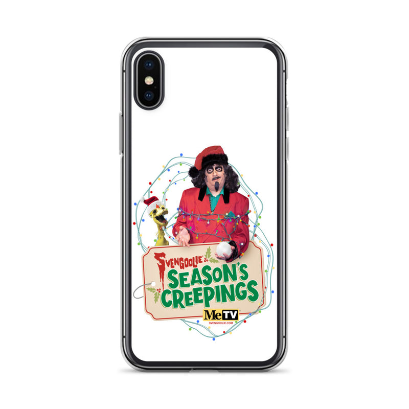 Back of the clear case on an iPhone X-style model, showing the Sventa Claus and Kerwyn design filling the back panel.