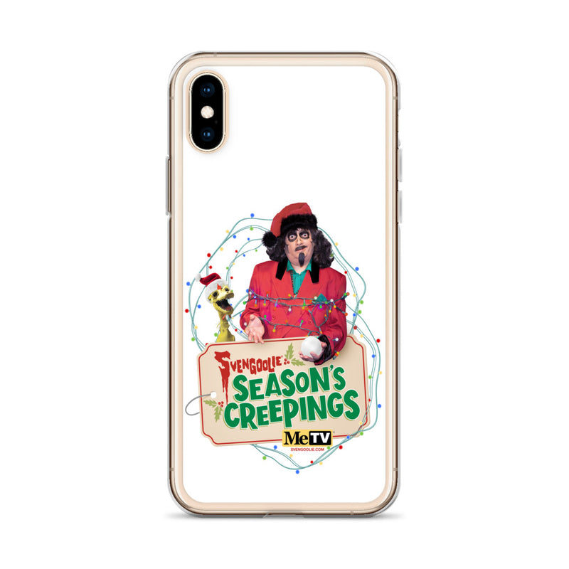 Back of the clear case on a gold iPhone XS-style model, showing the Sventa Claus and Kerwyn design filling the back panel.