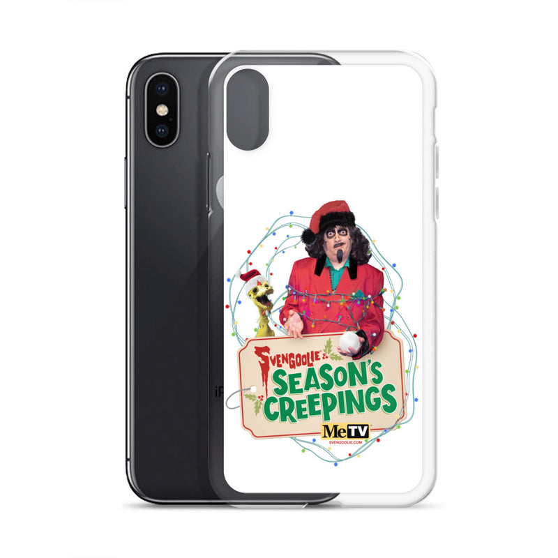 Side view of the case beside a black iPhone, showing the raised clear edges around the printed white back.