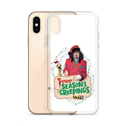 Side view of the case beside a gold iPhone, showing the raised clear edges around the printed white back.