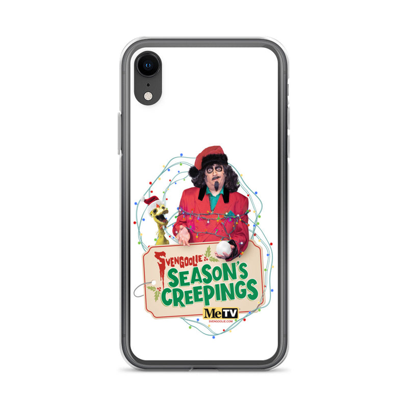 Back of the clear case on an iPhone XR, showing the Sventa Claus and Kerwyn design filling the back panel.