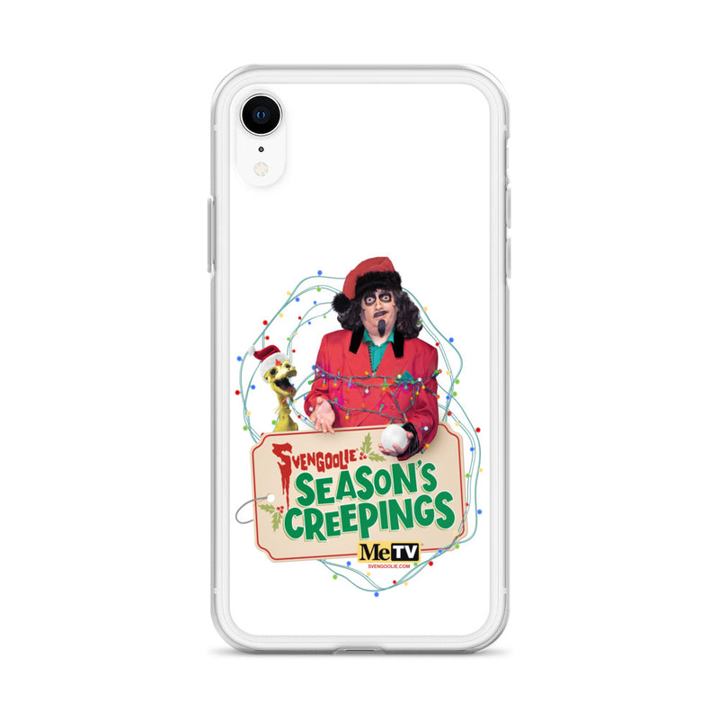 Close-up of the Sventa Claus and Kerwyn design on the front of the case, with the text 'Svengoolie & Season's Creepings' in red and green on a tan sign below.