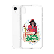 Angled view of a white iPhone XR in the clear case, showing the Sventa Claus and Kerwyn design on the case front.