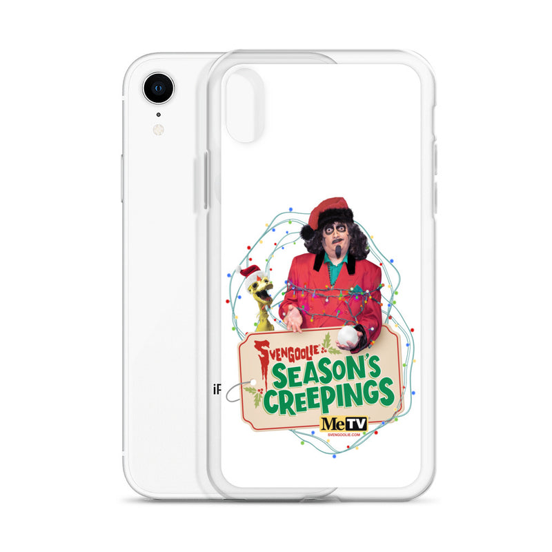 Angled view of a white iPhone XR in the clear case, showing the Sventa Claus and Kerwyn design on the case front.