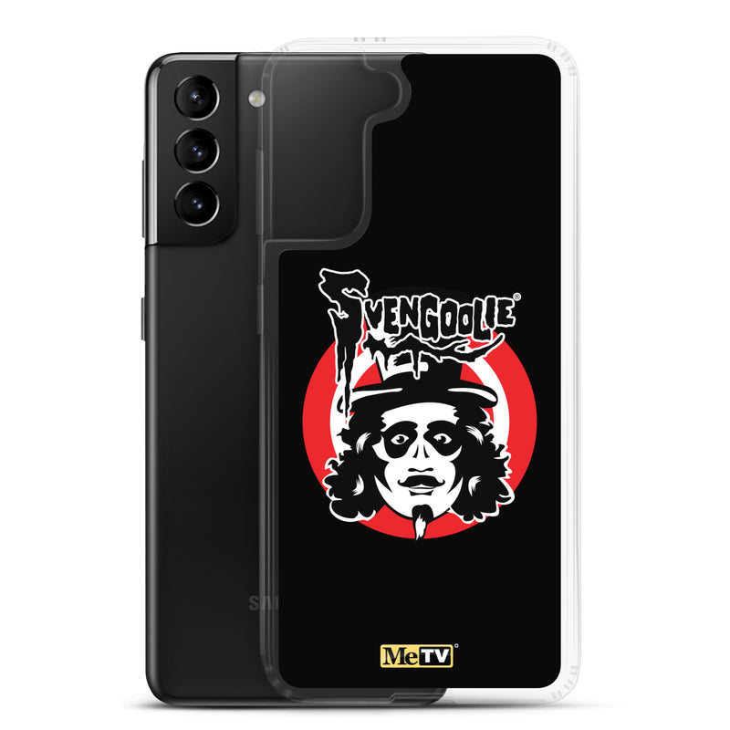 Black Samsung case featuring the Svengoolie face logo with the text 'Svengoolie' in black above a red circle, with a small MeTV logo at the bottom.