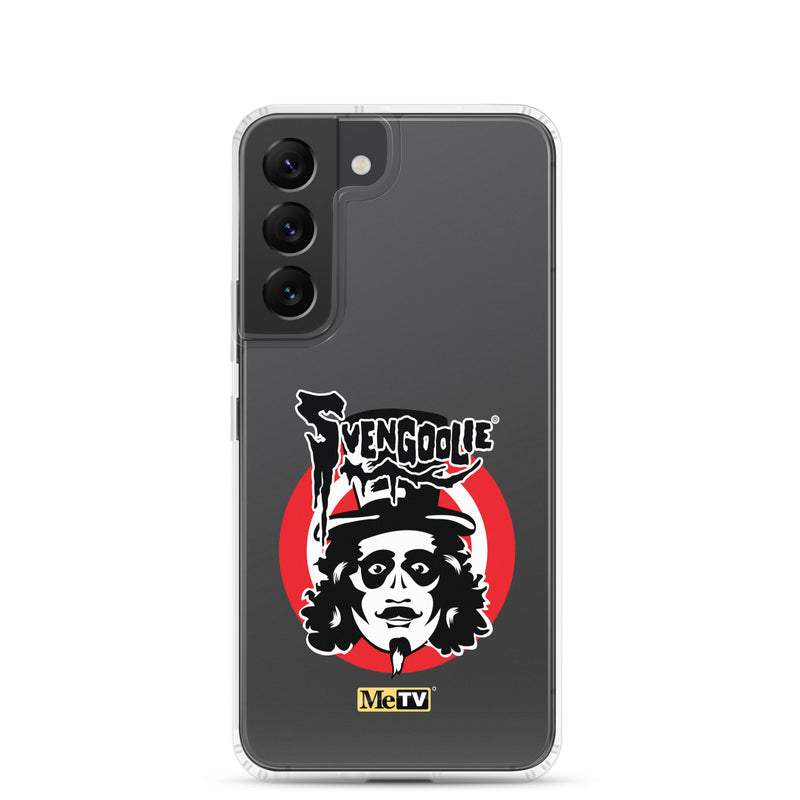 Gray Samsung case featuring the Svengoolie face logo with the text 'Svengoolie' in black above a red circle, with a small MeTV logo at the bottom.
