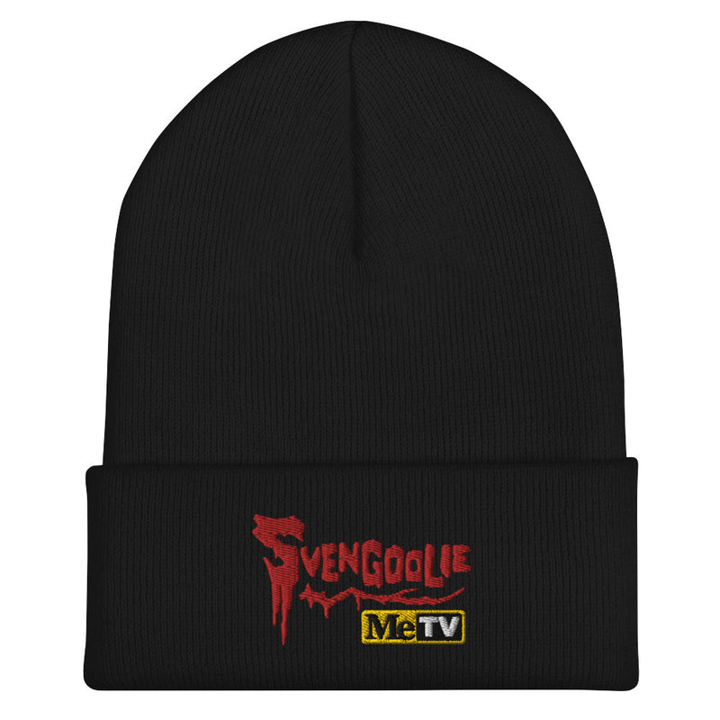 Black knit cuffed beanie featuring the red Svengoolie logo and 'MeTV' logo embroidered on the cuff.