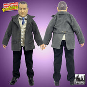Front and back views of Curly Joe DeRita action figure in a gray jacket, patterned vest, blue tie, and black pants.