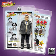 Gray-jacketed Curly Joe DeRita 8-inch action figure in clear package featuring The Three Stooges logo with the text 'CURLY JOE DERITA' in black at the lower left of the card.