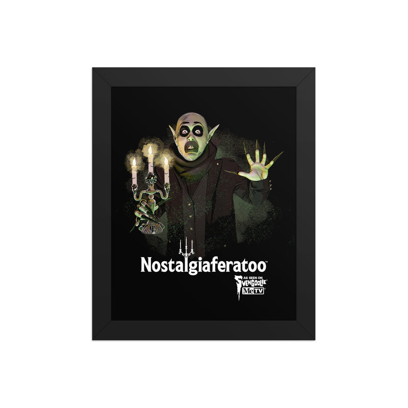 Black framed art print featuring Nostalgiaferatoo in front of a yellow moon and bats, with the text 'SILENCE!' in white below.