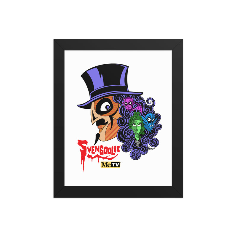 Framed black art print of Svengoolie in a top hat with curly hair, and the faces of the Sven Squad in his hair, with the text 'Svengoolie' in red and the MeTV logo.