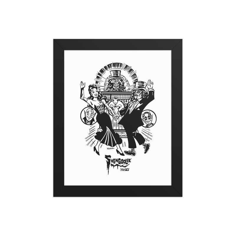 Black-framed black and white art print featuring a Joe Staton illustration of Svengoolie and Gwengoolie dancing in a vintage nightclub scene.