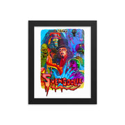 Black-framed multicolor Svengoolie art print featuring monsters and Svengoolie holding a rubber chicken with the text 'Svengoolie' in red below.