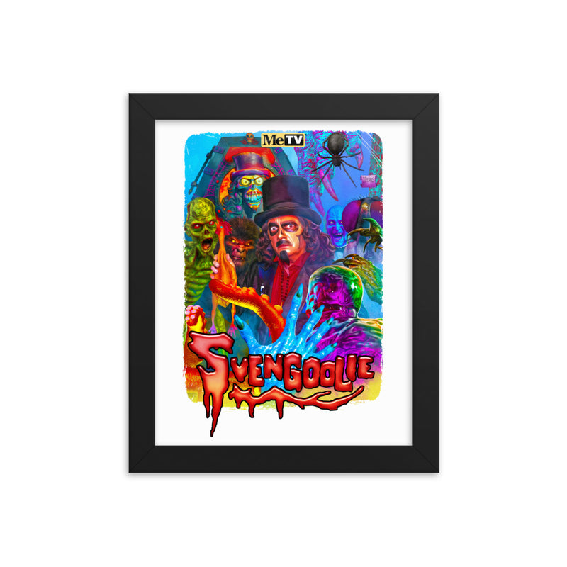 Black-framed multicolor Svengoolie art print featuring monsters and Svengoolie holding a rubber chicken with the text 'Svengoolie' in red below.