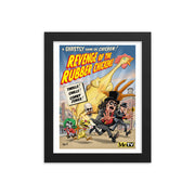 Black-framed art print featuring Svengoolie fleeing a giant chicken with the text 'Revenge of the Rubber Chickens' in yellow letters at top.