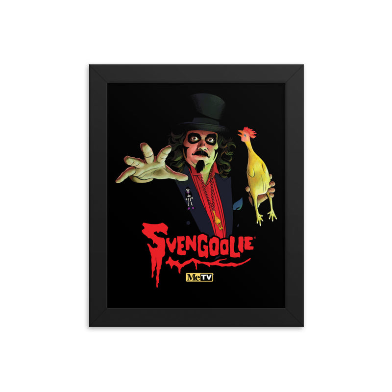 Black framed art print of Svengoolie in a top hat reaching forward with a yellow chicken, with the text 'Svengoolie' in red below and a MeTV logo.