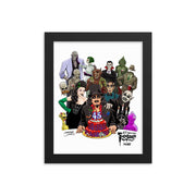 Black framed print featuring illustrated Svengoolie with cake surrounded by movie monsters, with 'Svengoolie' logo at lower right