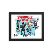 Framed black print featuring a cartoon band of monsters performing with the text 'Svengoolie Stomp' in red above them.