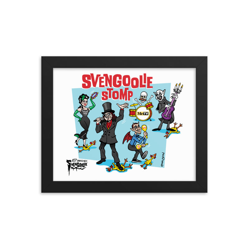 Framed black print featuring a cartoon band of monsters performing with the text 'Svengoolie Stomp' in red above them.