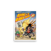 Art print featuring Svengoolie fleeing a giant chicken with the text 'Revenge of the Rubber Chickens' in yellow letters at top.