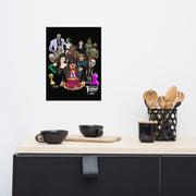 Black poster on wall featuring Svengoolie with cake surrounded by movie monsters, with white 'Svengoolie' and '45th Anniversary' at lower right.