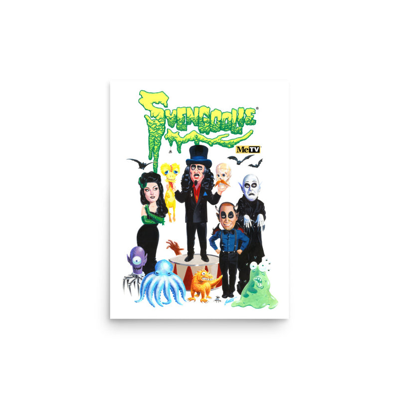 White poster featuring Svengoolie and the Sven Squad alongside small monster characters with the text 'Svengoolie' in green dripping letters and a MeTV logo at the top.
