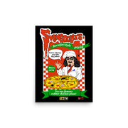 Smaller view of the Black art print featuring a cartoon Svengoolie as a pizza chef with the text 'Svengoolie's Berwyn-style Pizza' in red at top.