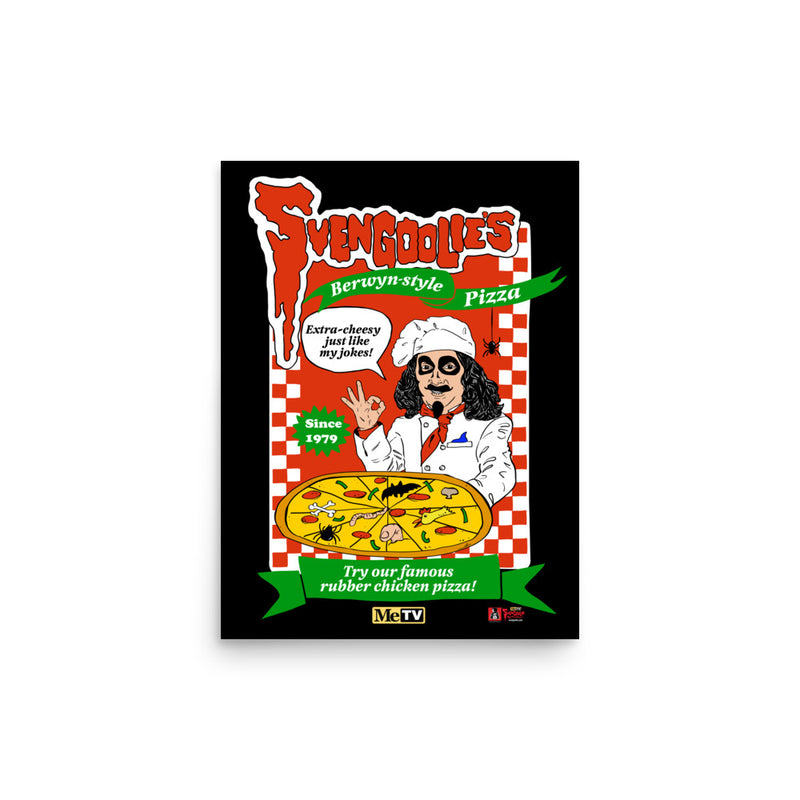 Smaller view of the Black art print featuring a cartoon Svengoolie as a pizza chef with the text 'Svengoolie's Berwyn-style Pizza' in red at top.