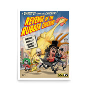 Art print featuring Svengoolie fleeing a giant chicken with the text 'Revenge of the Rubber Chickens' in yellow letters at top.