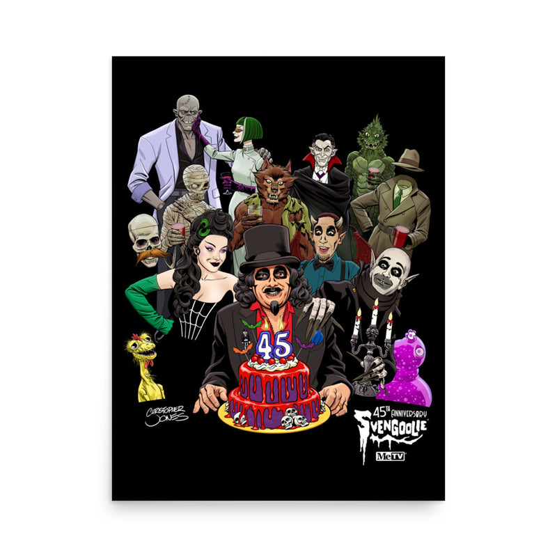Black poster featuring illustrated Svengoolie with cake surrounded by movie monsters, with 'Svengoolie' logo at lower right