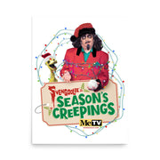 White poster featuring Svengoolie in a red coat wrapped in string lights beside Kerwyn wearing a Santa hat, with the text 'SEASON'S CREEPINGS' in green on a tan sign.