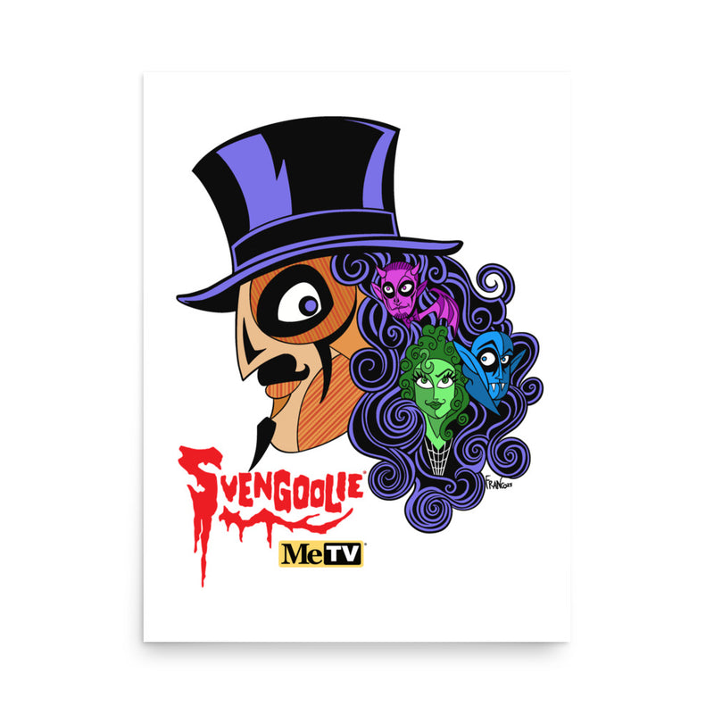 White poster featuring Svengoolie in a top hat with curly hair, and the faces of the Sven Squad in his hair, with the text 'Svengoolie' in red and the MeTV logo.