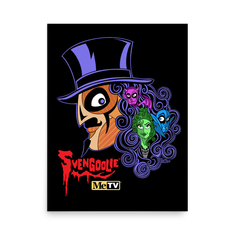 Black poster featuring Svengoolie in a top hat with curly hair, and the faces of the Sven Squad in his hair, with the text 'Svengoolie' in red and the MeTV logo.