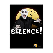 Black Nostalgiaferatoo Silence! poster showing the vampire's clawed hands and bats against the yellow moon, with 'SILENCE!' in white below.