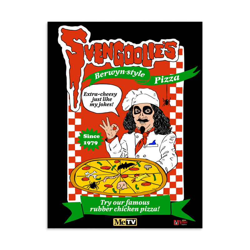Black art print featuring a cartoon Svengoolie as a pizza chef with the text 'Svengoolie's Berwyn-style Pizza' in red at top.