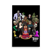 Black poster featuring illustrated Svengoolie with cake surrounded by movie monsters, with 'Svengoolie' logo at lower right