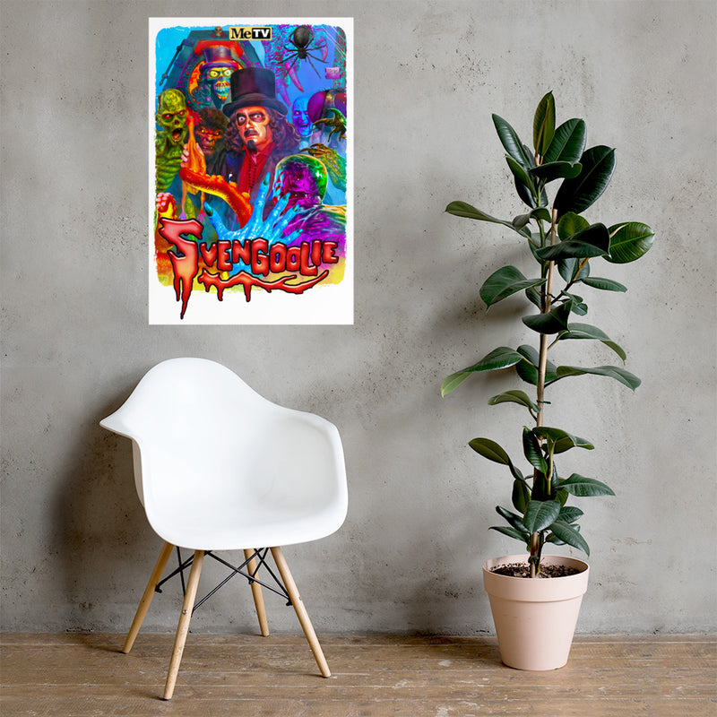 Room view of a multicolor poster featuring Svengoolie monster artwork with the text 'Svengoolie' in red dripping letters below.