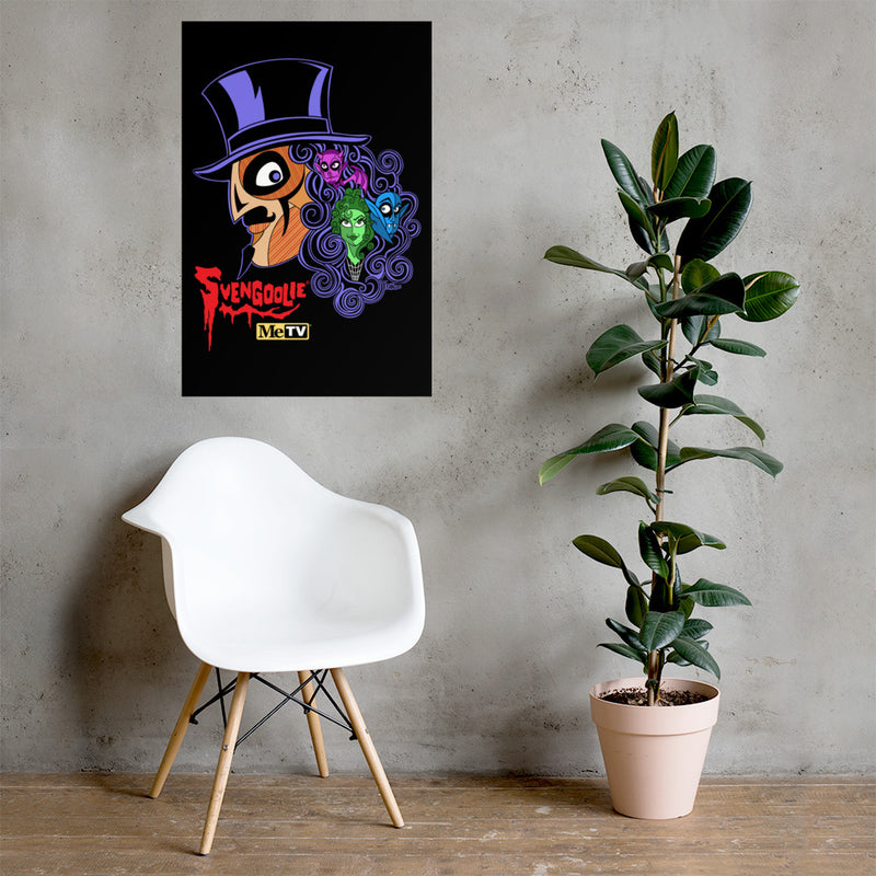 Poster in a room setting of a black poster featuring Svengoolie in a top hat with curly hair, and the faces of the Sven Squad in his hair, with the text 'Svengoolie' in red and the MeTV logo.