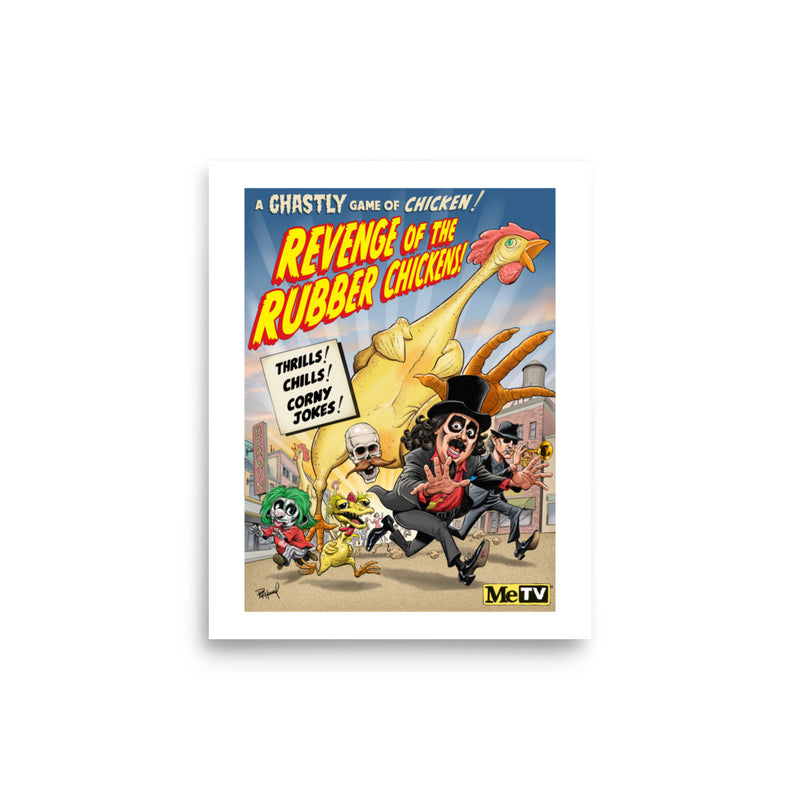 Art print featuring Svengoolie fleeing a giant chicken with the text 'Revenge of the Rubber Chickens' in yellow letters at top.