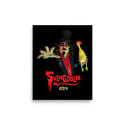 Art print of Svengoolie in a top hat reaching forward with a yellow chicken, with the text 'Svengoolie' in red below and a MeTV logo.