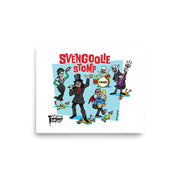 White art print featuring a cartoon band of monsters performing with the text 'Svengoolie Stomp' in red above them.